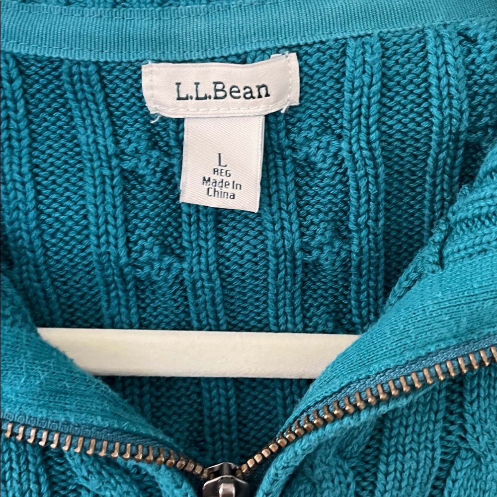 LL Bean Cotton Cable knit Zip Up Cardigan Sz Large Teal Sweater - Picture 2 of 5